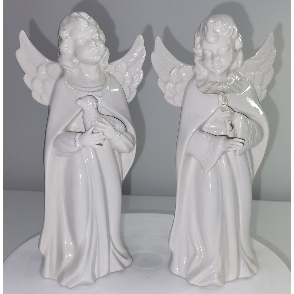 Dresden Porcelain Angel Figurines White Glazed Pair with Lamb and Cross 8.5" Vtg